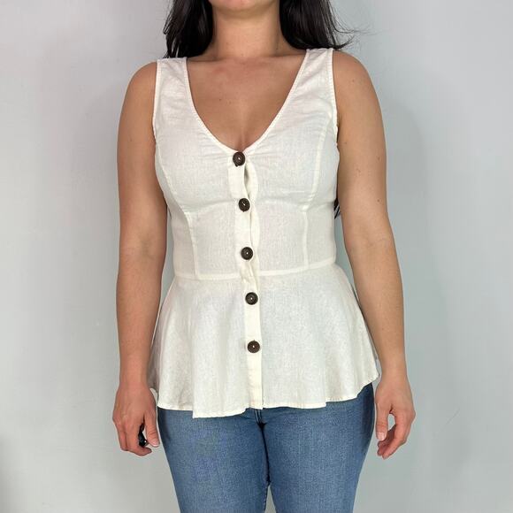 Modcloth Tan Linen Button Front Peplum Sleeveless Top - Picture 1 of 7